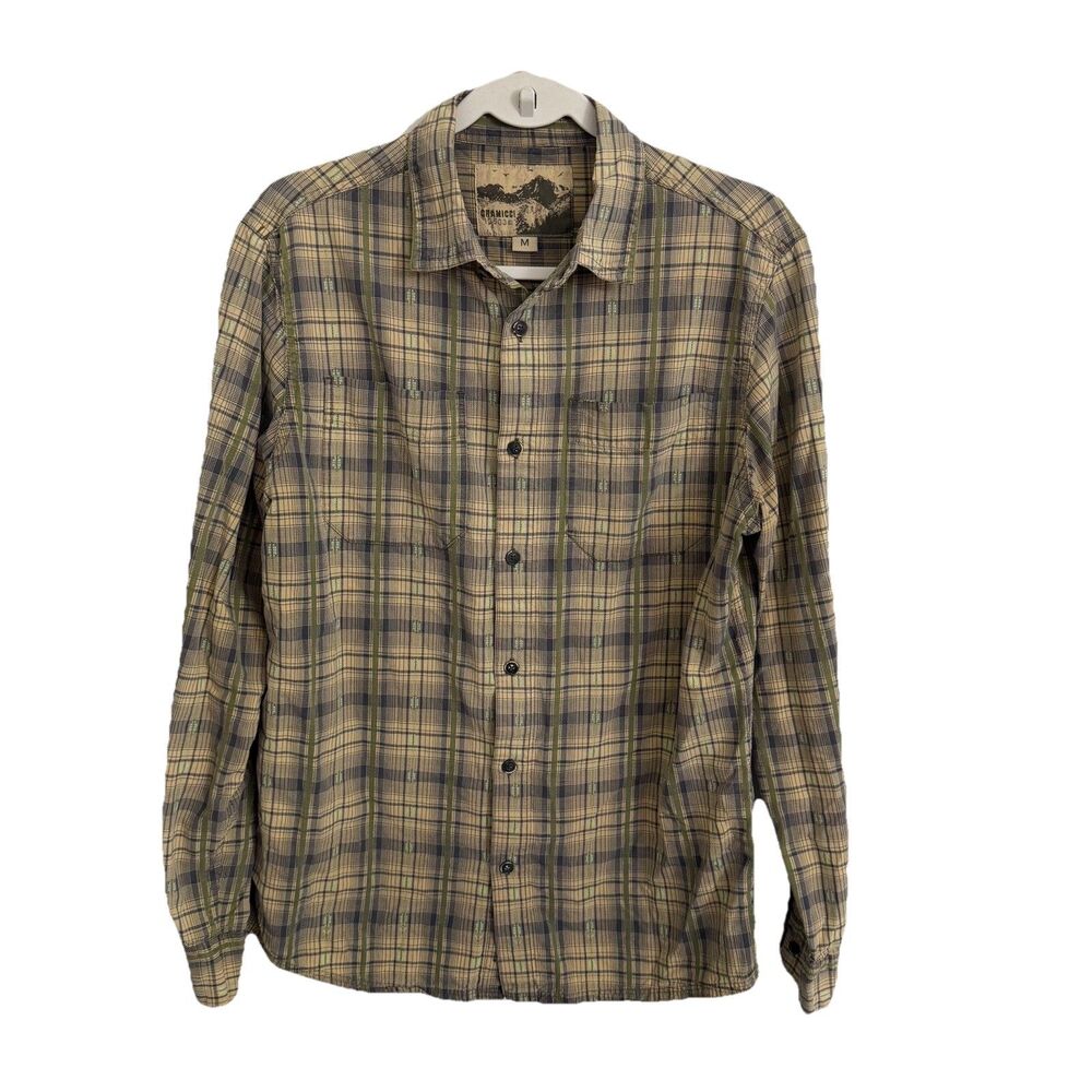 Gramicci Shirt Mens Medium Tan Green Plaid Flannel Button Down Long Sleeve